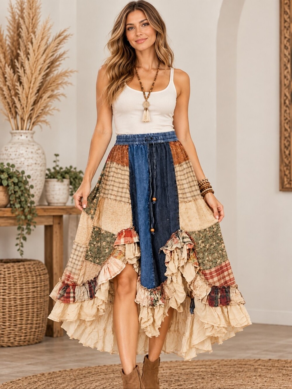 601.Boho Patchwork Ruffle High-Low Skirt in Cream & Blue
